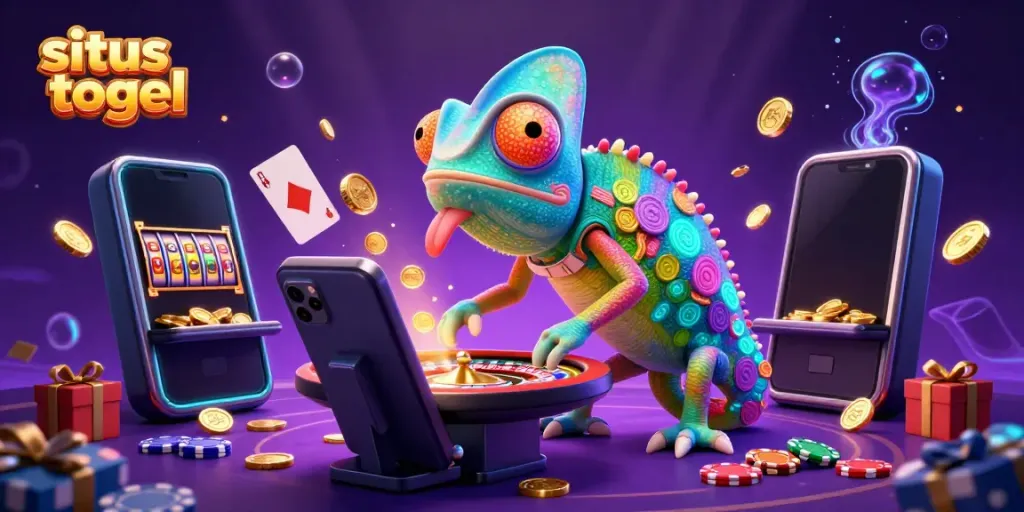Experience the vibrant world of situs togel with an enchanting chameleon casino owner in a colorful casino scene.