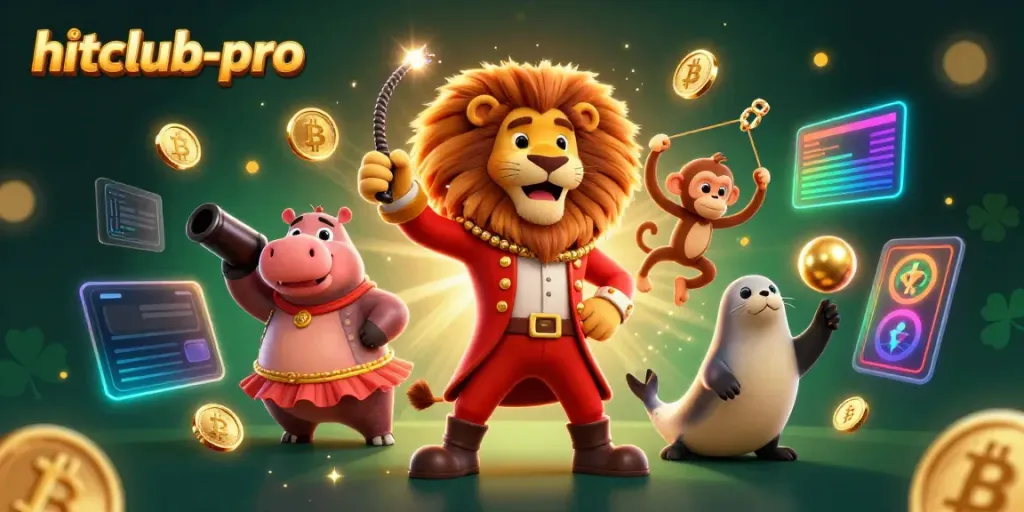 Hitclub-pro casino scene with vibrant 3D cartoon characters and cryptocurrency elements, showcasing a lively atmosphere.