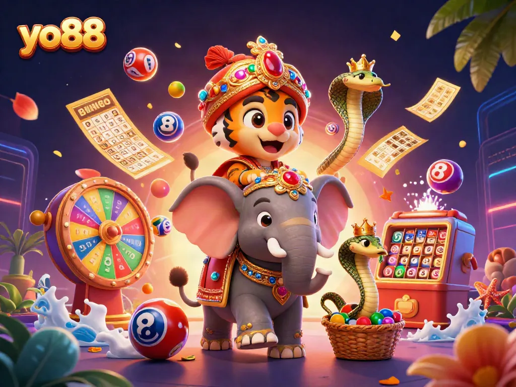 Join the excitement at yo88 with a vibrant illustration of the maharaja tiger and elephant in a lively casino atmosphere.
