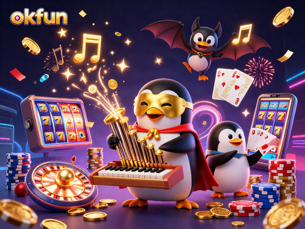 Experience the excitement of okfun with a cartoon penguin in a casino scene showcasing golden coins and slot machines.