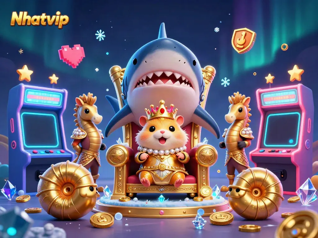 Nhatvip showcases vibrant gaming elements, with a fierce golden hamster king on a megalodon throne amidst arcade excitement.
