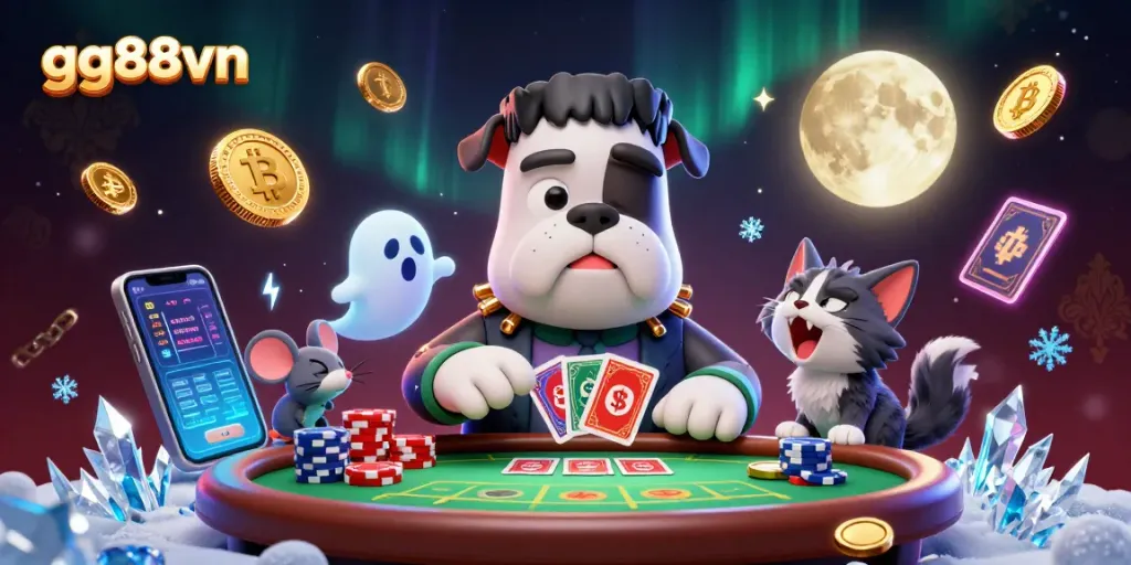 gg88vn offers a spooky casino scene with a Frankenstein bulldog dealing cards amidst neon crypto coins and lively décor.