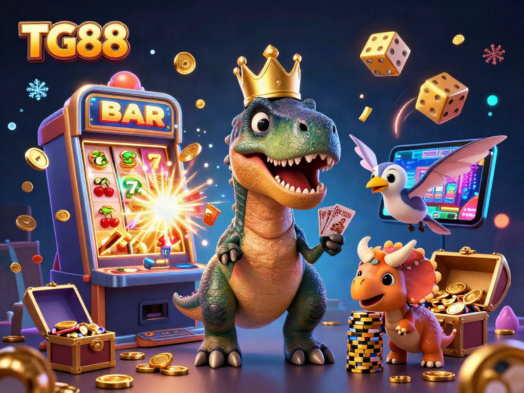 TG88 casino characters engaging in exciting gameplay amidst a jackpot explosion, with vibrant casino elements.