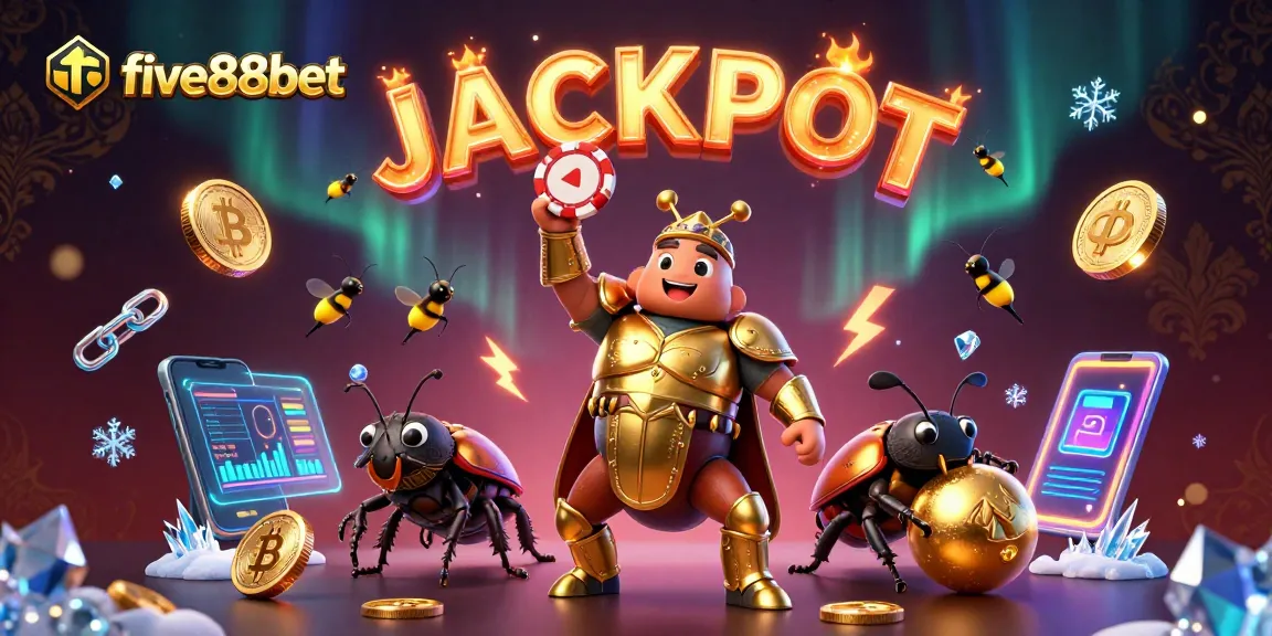 Engage in thrilling games at five88bet with a victorious beetle lifting chips amid glowing crypto coins.