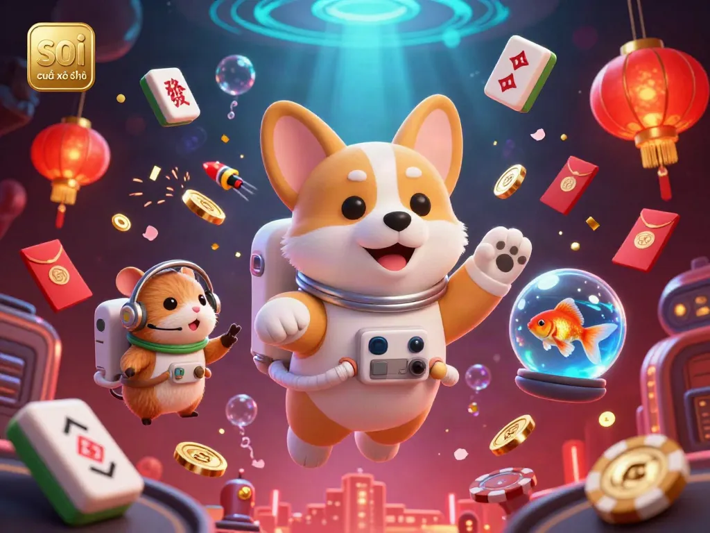 Enjoy the excitement of soi cầu xổ số in a vibrant space station casino with floating coins and fun characters.
