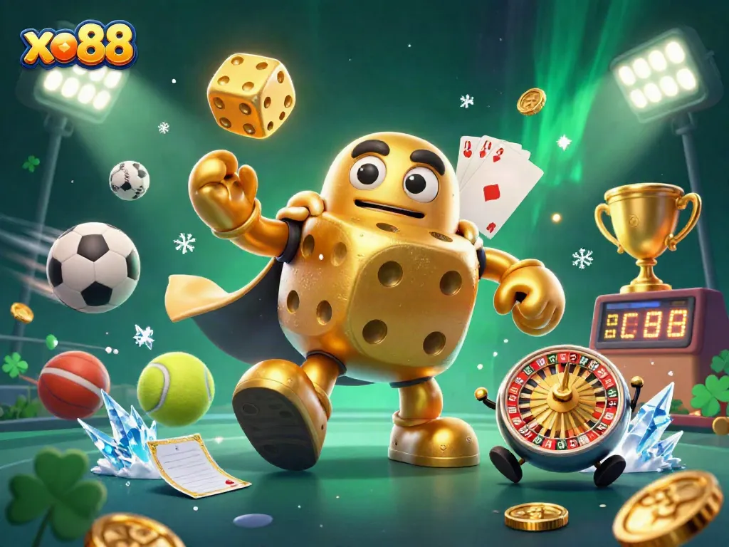 Experience thrilling gaming action at xo88 with lively golden dice golems and dynamic sports elements.