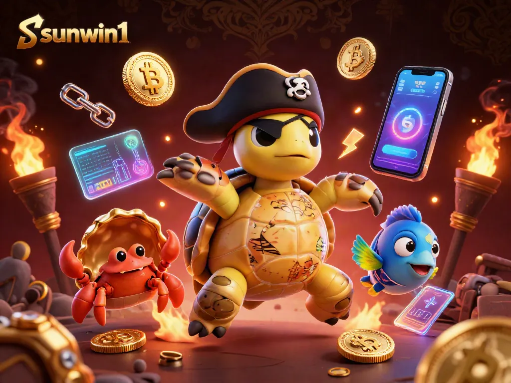 Experience exhilarating gameplay at sunwin1 with vibrant characters and crypto elements in a 3D casino scene.