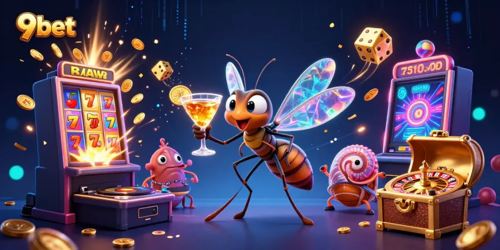 Win big with 9bet's exciting casino scene featuring vibrant characters and gaming chaos.