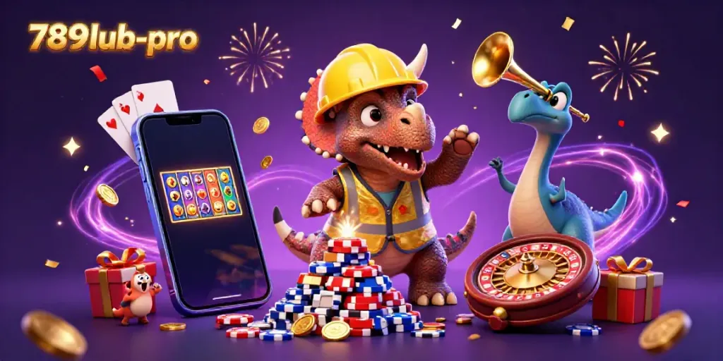 Engage with the vibrant casino atmosphere of 789lub-pro, where a triceratops builds a poker chip pyramid with festive celebration.