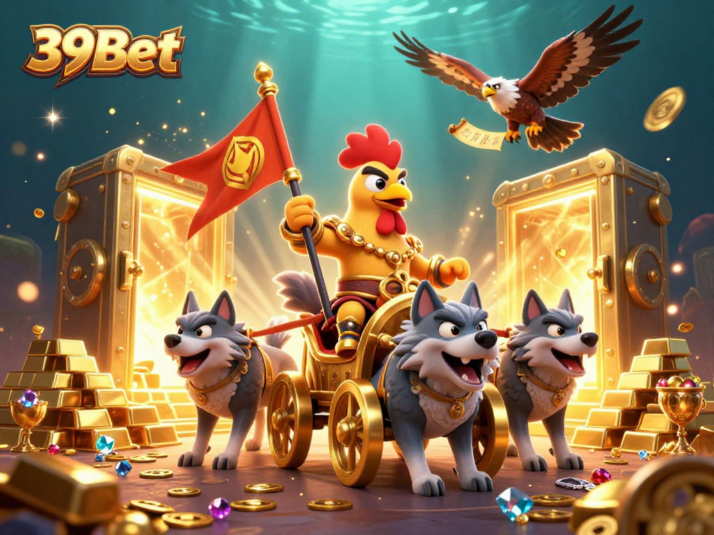 Experience the legends of 39Bet with a heroic rooster and treasures of fortune in this vibrant scene.
