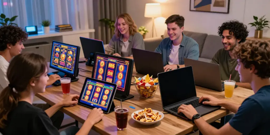 Engaged players enjoying Slot gacor games together in a lively gaming setup.