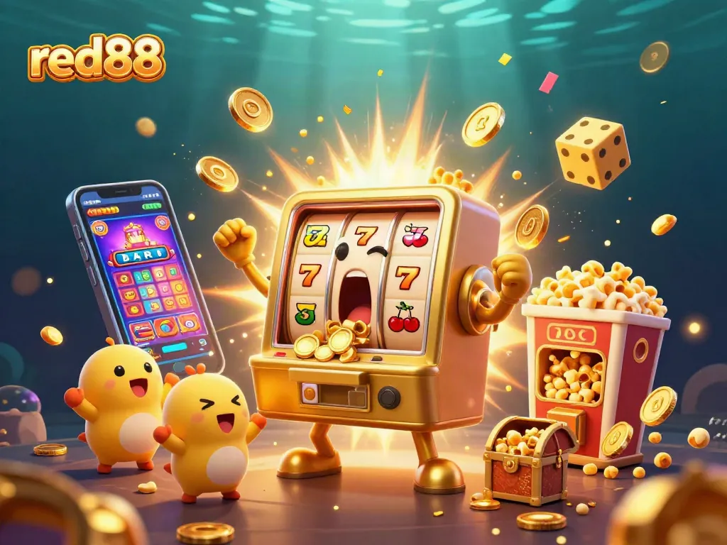 Experience the excitement of red88 with a golden slot machine winning big amidst coins and jackpots.