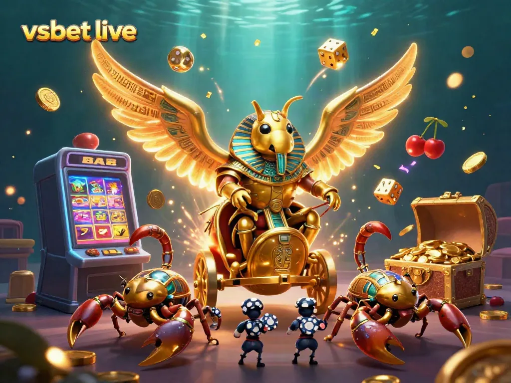 Experience the excitement of betting at vsbet live with a vibrant 3D casino illustration depicting golden treasures and dynamic games.