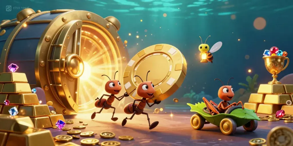 Situs togel heist scene with cartoon ants and firefly, dynamically capturing a gambling adventure.