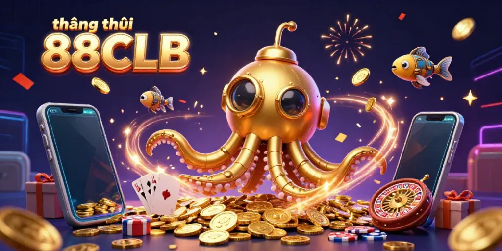 Join the gaming excitement at thương hiệu 88CLB with a vibrant 3D illustration highlighting golden kraken and casino games.