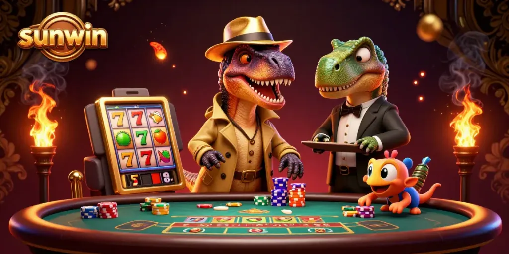 Experience thrilling gameplay with sunwin's vibrant cartoon casino scene filled with colorful slot reels.