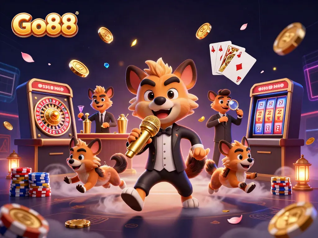 Hyenas entertain in Go88's vibrant casino scene, featuring games, drinks, and laughter.