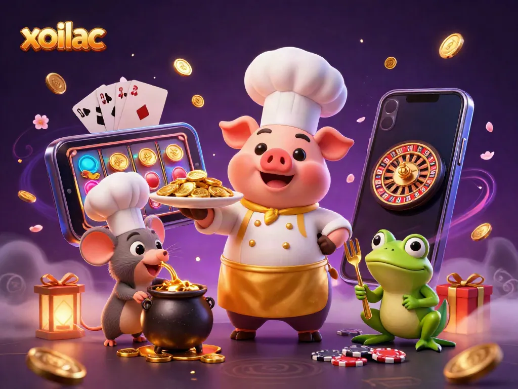 Experience the vibrant, luxurious gaming world of xoilac with dynamic characters surrounded by casino elements.