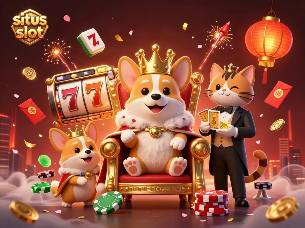 Mainkan situs slot sambil menikmati gambaran imersif corgi kerajaan di poker chip dalam suasana megah.