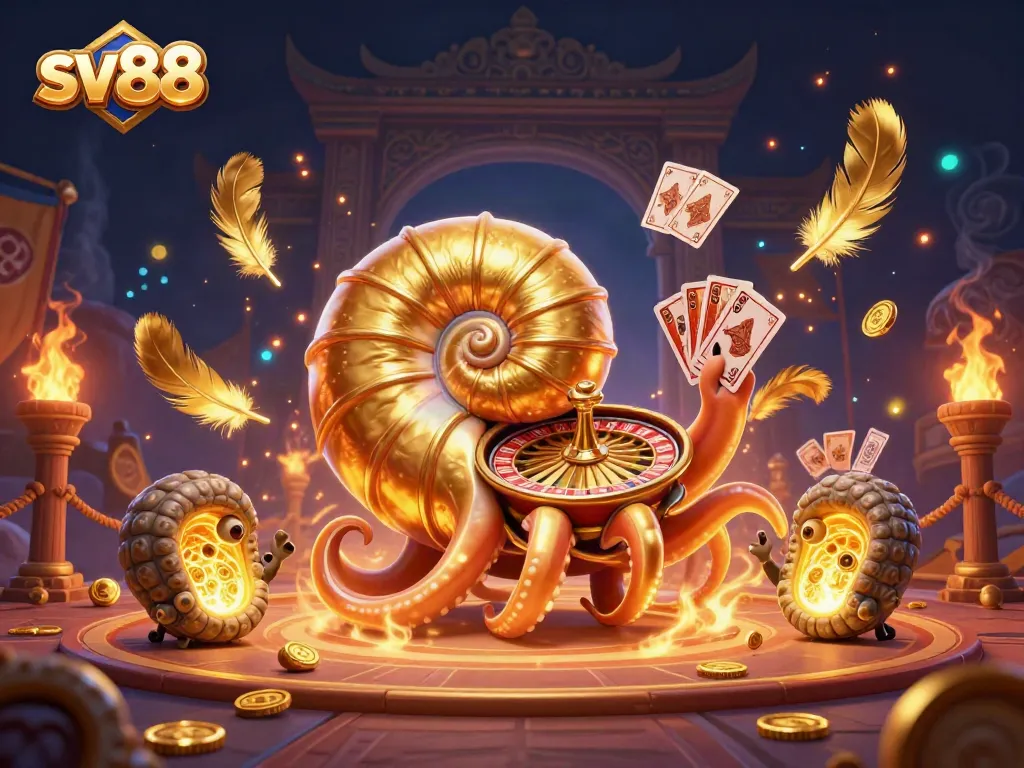 Engage in thrilling gameplay at sv88 with a dynamic casino-themed illustration featuring a golden roulette wheel and cards.