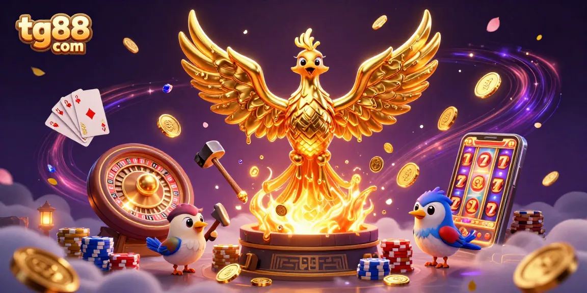 Play and win big with tg88 com's vibrant casino scene showcasing golden coins and a lucky phoenix!