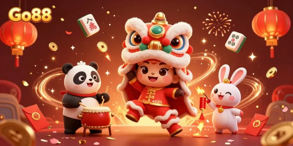 Experience the vibrant celebration of gaming with Go88 featuring a lion dance and festive decorations.