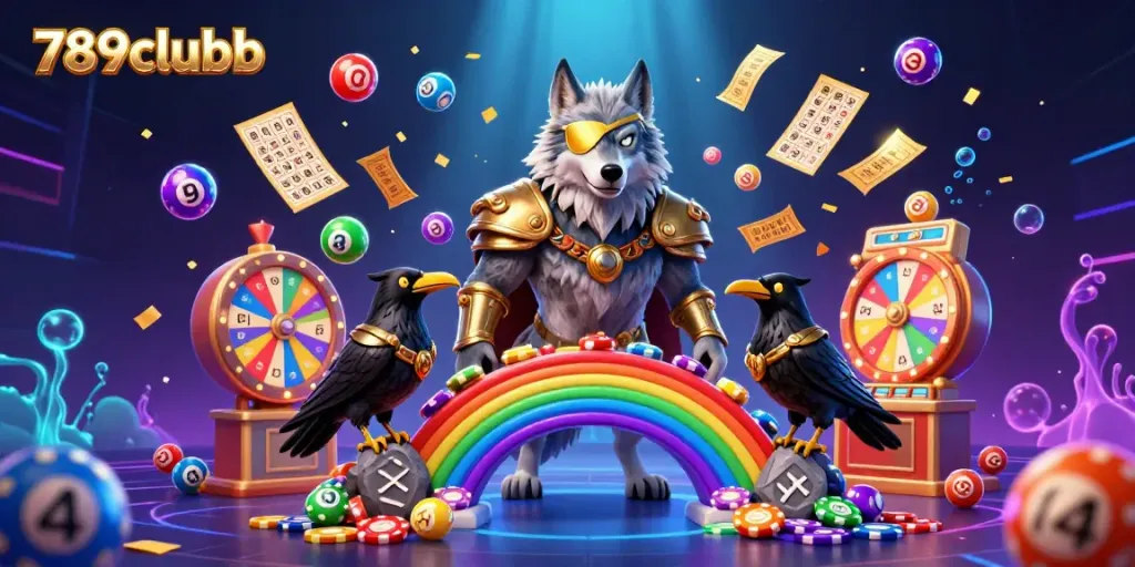 Engage with the vibrant 789clubb universe through this 3D illustration of Odin and his ravens amidst casino themes.