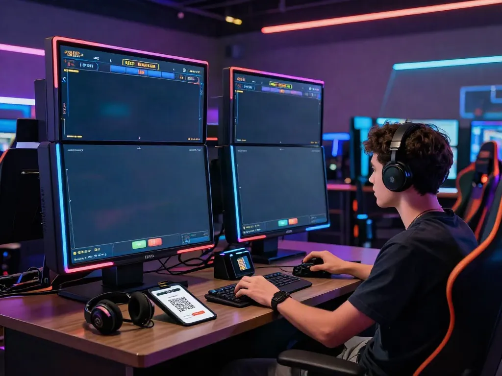 Exciting online gaming setup with slot qris payment interface and monitors.