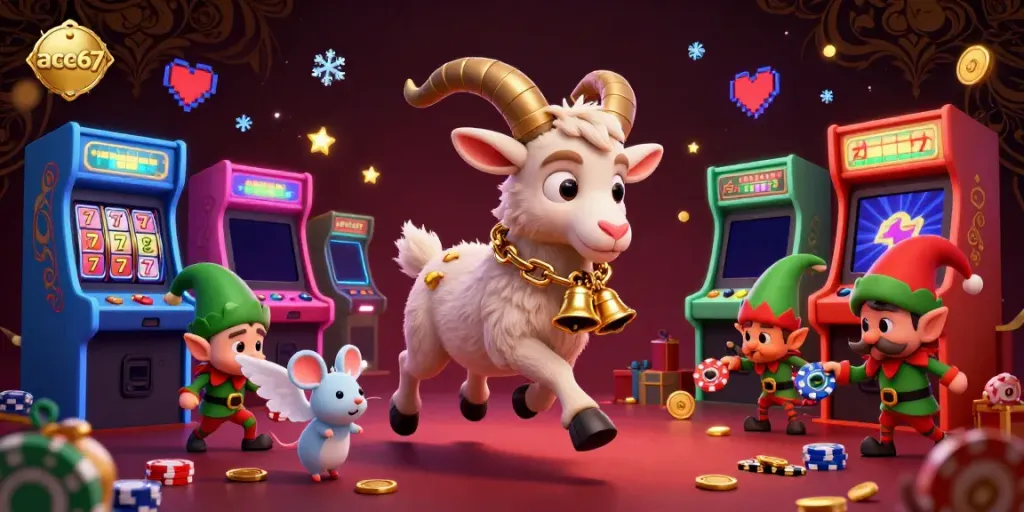 ace67 casino scene showcasing a festive Krampus, angel mouse, and elf gremlins stealing chips amidst colorful slot elements.
