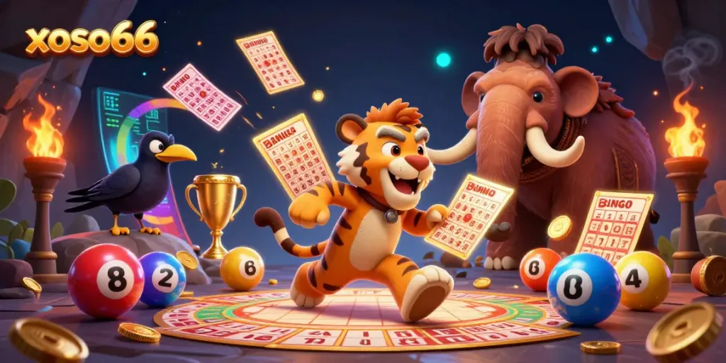Engage in thrilling lottery gameplay with xoso66 featuring stylish caveman characters and dynamic game elements.