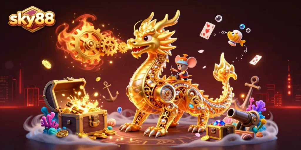 sky88 engaging players with a 3D dragon illustration showcasing vibrant treasures and casino themes.