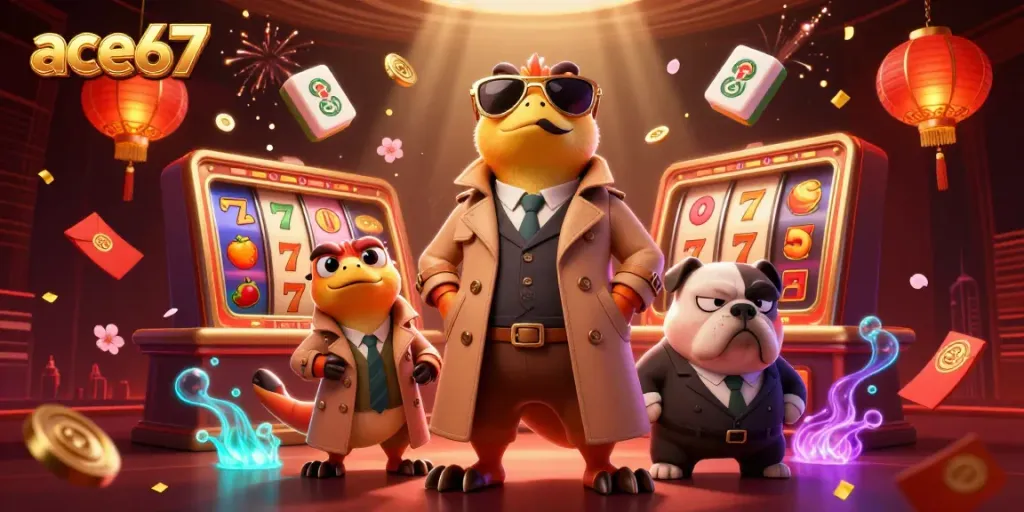 Experience ace67 as raptors in disguise enter a vibrant VIP casino lounge with glowing symbols.