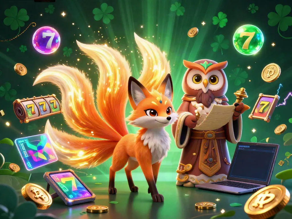 Experience the thrilling world of gambling with ku88, as a vibrant fox spirit and owl sage embody excitement in a colorful casino atmosphere.