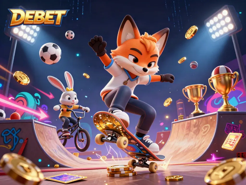 DEBET showcases vibrant sports dynamics with a fox and rabbit in a casino-themed scene, engaging in thrilling tricks.