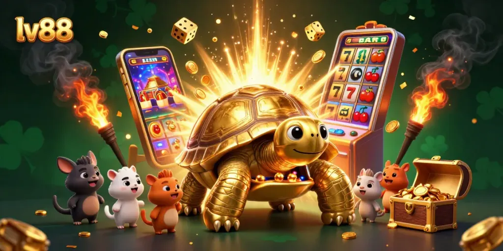 Experience the excitement of lv88 with a vivid illustration of a jackpot celebration and animated characters in a casino.