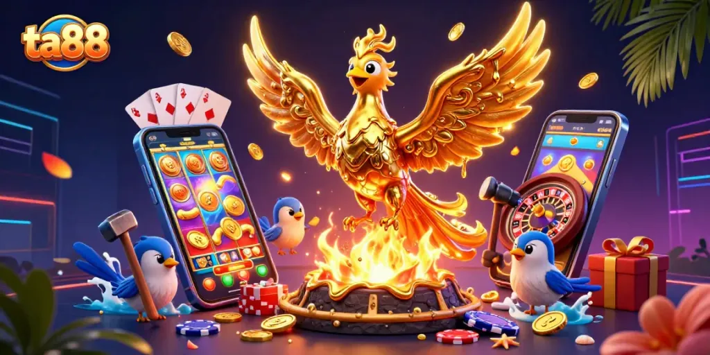 Experience exciting gameplay with ta88's golden phoenix in a vibrant online casino scene.