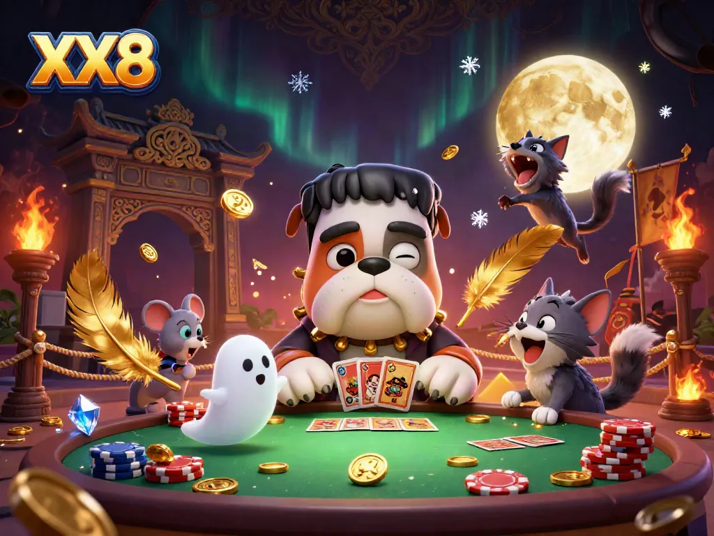 Experience the thrill of XX8 with a card-dealing bulldog monster at a haunted casino table.