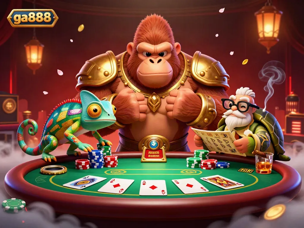 Engage in thrilling poker battles with ga888's lively casino scene featuring a gorilla king and colorful characters.