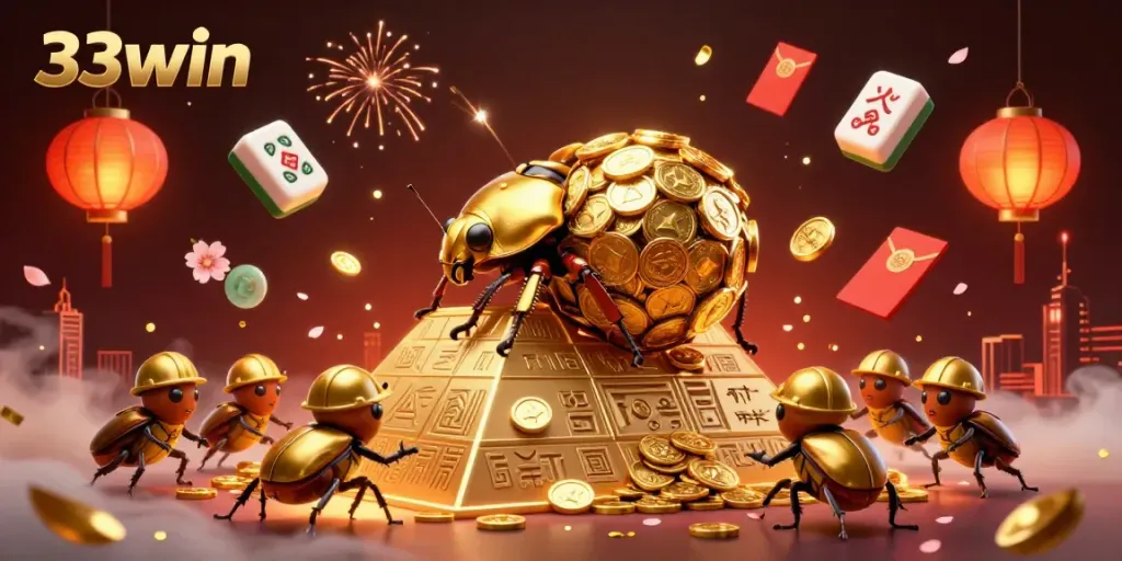 Playing games with 33win's dynamic casino illustration featuring golden beetles and rich decorations.