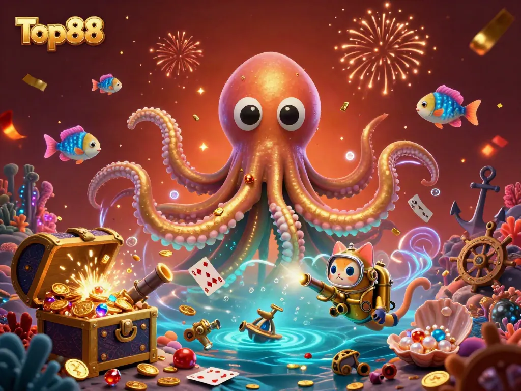 Engage with Top88's thrilling gaming universe featuring a colossal kraken and vibrant treasure.