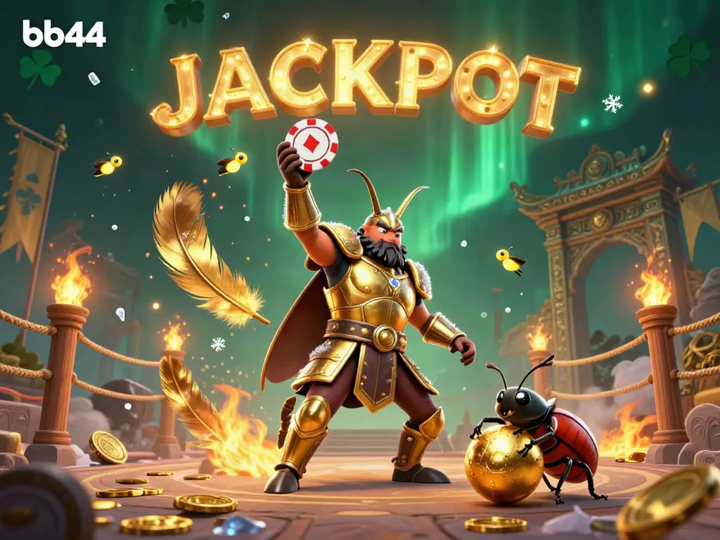 Engage with bb44 in a dynamic gaming scene featuring a victorious beetle champion holding a poker chip.