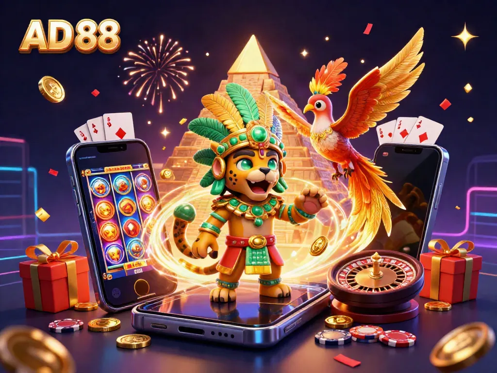 Engage with AD 88's vibrant casino scene, featuring ancient Mayan elements and modern gaming symbols.