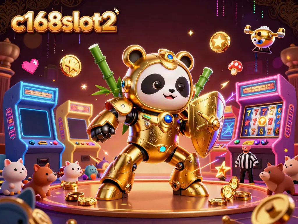 Engage with c168slot2's vibrant casino world featuring a golden panda robot in action.