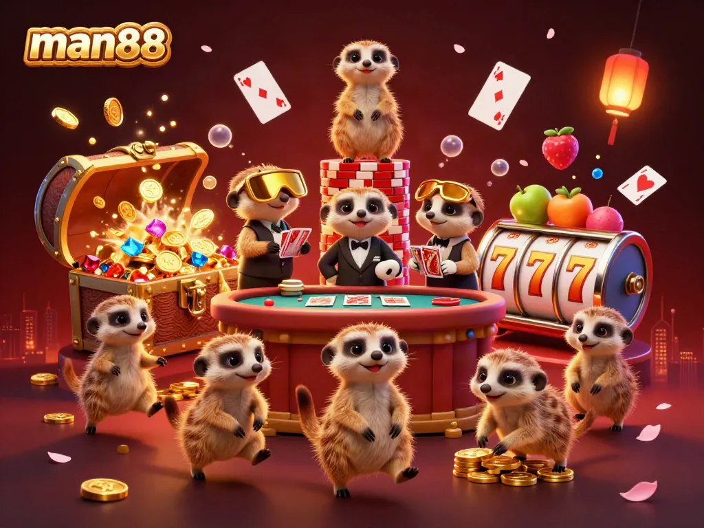 Experience the excitement of man88 with cute meerkats managing a casino operation amidst vibrant symbols and sparkling treasures.