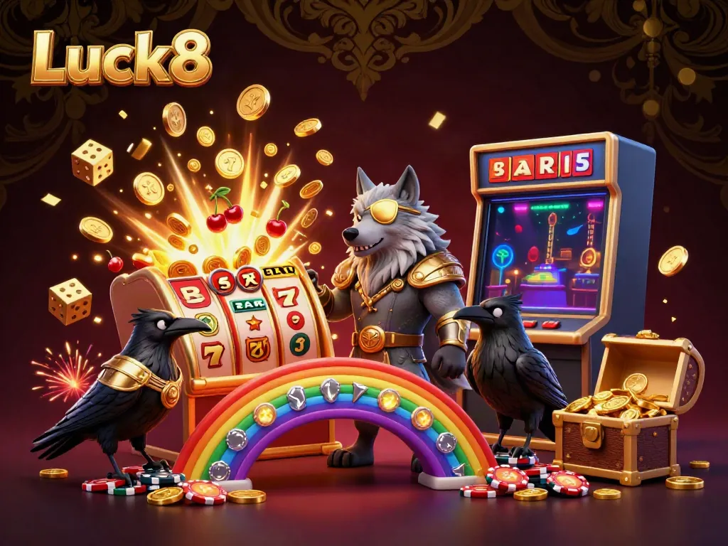 Experience the vibrant casino world of Luck8 with Odin and his ravens amidst a jackpot explosion.