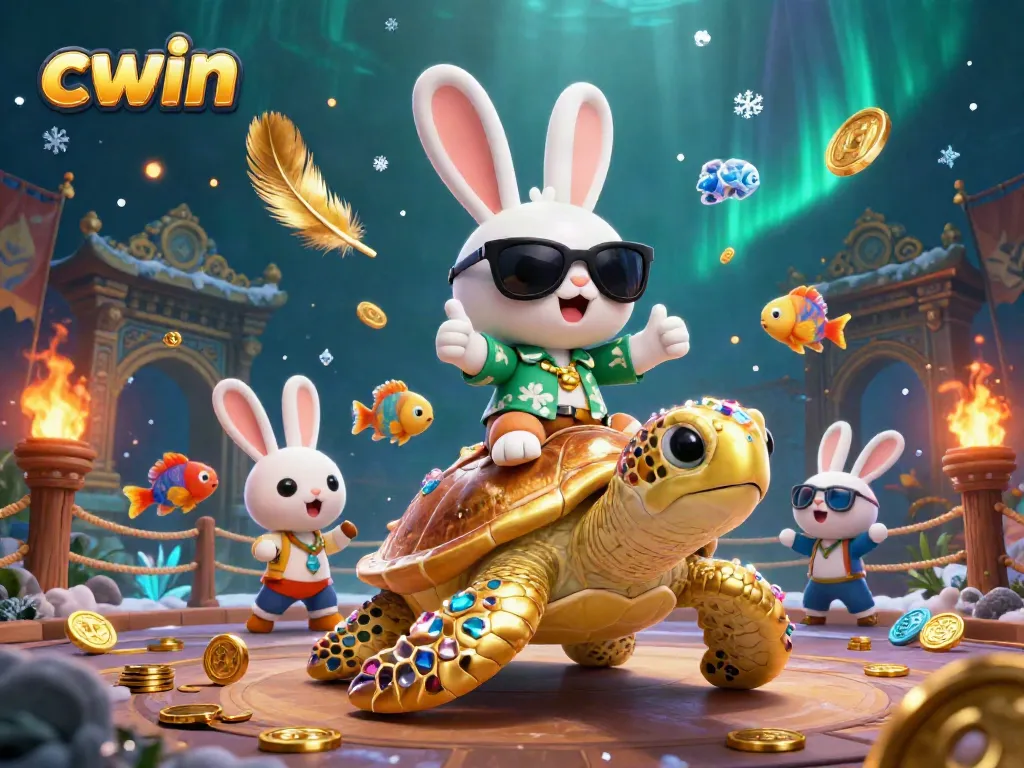 Spin the reels with cwin's vibrant characters in a lively casino scene full of gold and jewels.