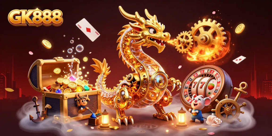 Experience riveting gaming at GK888 with a captivating biomechanical dragon scene and vibrant casino elements.
