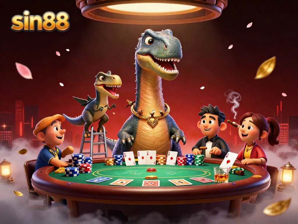 Experience sin88's vibrant casino scene featuring a towering brontosaurus and clever raptor dealing cards.