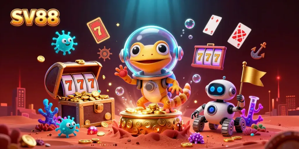 SV88's Martian gecko discovers a golden casino amidst vibrant slot reels and glowing gems, symbolizing online gaming excitement.