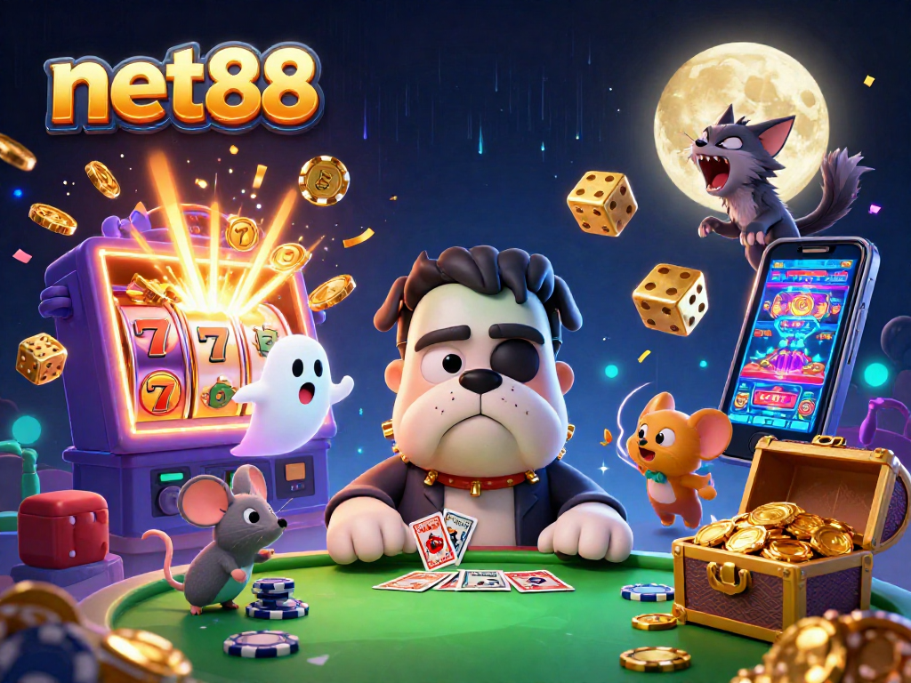 net88 showcases a lively 3D casino scene with a bulldog monster dealing cards amidst slot machines and festive casino elements.